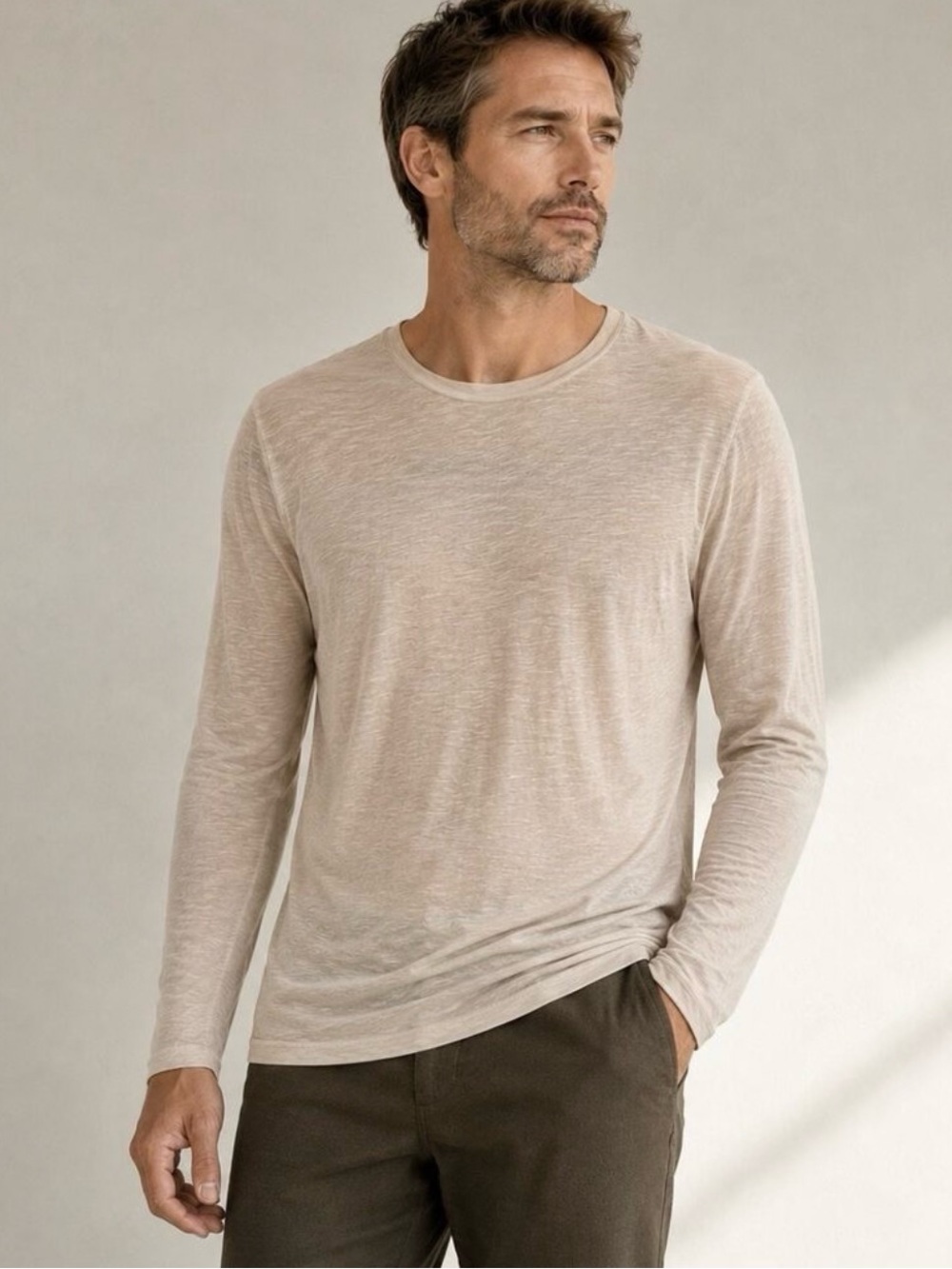 Vince Mens Slub Knit Peruvian Pima Cotton Long Sleeve Tee Small Beige Crewneck